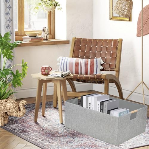 Collapsible Storage Box for Women - Foldable Home Organizer 16.9x12.5x7Inches with Wooden Handles | Closet, Bathroom & Kids Room Storage | Heavy-Duty Linen Fabric 2Pack