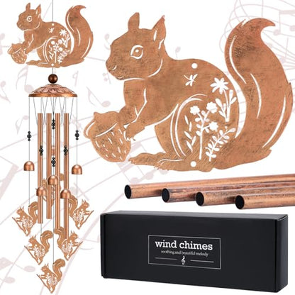 Squirrel Gifts Wind Chimes - Metal Hanging Windchime Outdoor Decoration for Garden Backyard Indoor Balcony Waterproof Christmas New Year Birthday Gift for Animal Lover Women Mom Grandma
