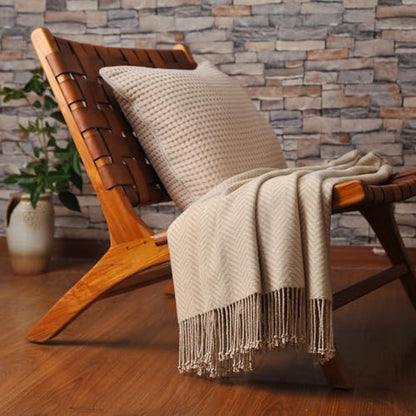 CUDDLE DREAMS Silk Throw Blanket with Hand-Knotted Fringe, Natural, Soft & Breathable (Herringbone-Taupe) - color: Herringbone-taupe