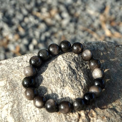 Natural Handmade Healing Chakra Bracelet - color: 12mm-Silver Obsidian-FOR 8-8.7 INCH WRIST