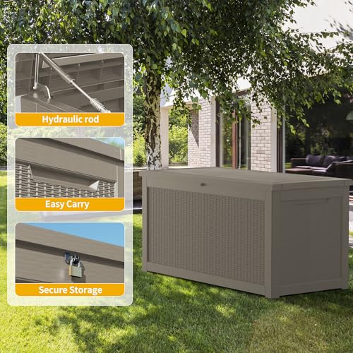320 Gallon Outdoor Storage Box, Waterproof Resin Deck Box with Lockable Lid Large Storage Bin for Patio Furniture Cushion, Garden Tools, Pool Accessories UV-Resistant Outside Delivery, Grey