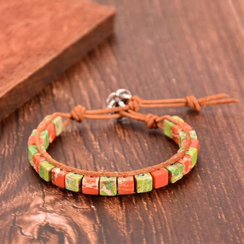 7 Chakra Bracelet Bohemian Handmade Leather Wrap Healing Protection Natural Stone Yoga Beaded Bracelets Boho Friendship Jewelry - color: Orange & Green
