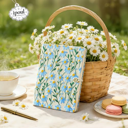 A5 Sketchbook, Flower Notebook, Embroidered Journal, Daisy Gifts for Women, 8"x6" Notebook, Hardcover, Lay Flat, Personalized Notebook, Unlined Notebook, Plain Journal, Blue Daisy