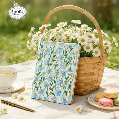 A5 Sketchbook, Flower Notebook, Embroidered Journal, Daisy Gifts for Women, 8"x6" Notebook, Hardcover, Lay Flat, Personalized Notebook, Unlined Notebook, Plain Journal, Blue Daisy