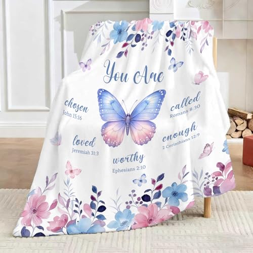 Pink Butterfly Floral Throw Blanket Soft Flannel Fleece Blanket for Bed Couch, Christian Inspirational Quotes Cozy Blanket Gifts for Women, 60x80 Inch - color: Pink, size: 60"x80"