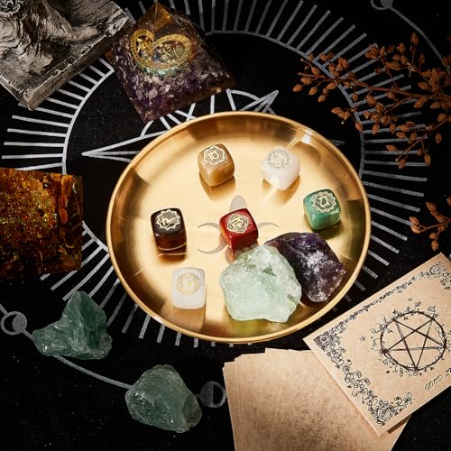 CREATCABIN Tarot Theme Altar Plate Moon Ritual Burning Candle Holder Bowls Offering Incense Aromatherapy Tray Ceremony Plate with Altar Card Home Decor for Witchcraft Wiccan Wedding Golden 5.55 Inch - style: Moon