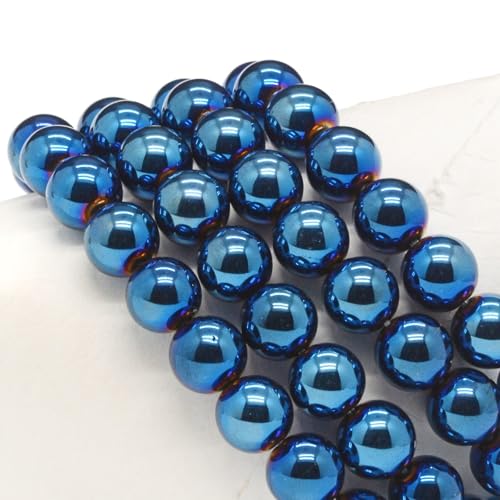 Justinstones Gem Semi Precious Gemstone 10mm Round Beads Stretch Bracelet 7 Inch Unisex - color: Metallic Blue Coated Hematite
