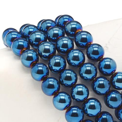 Justinstones Gem Semi Precious Gemstone 10mm Round Beads Stretch Bracelet 7 Inch Unisex - color: Metallic Blue Coated Hematite