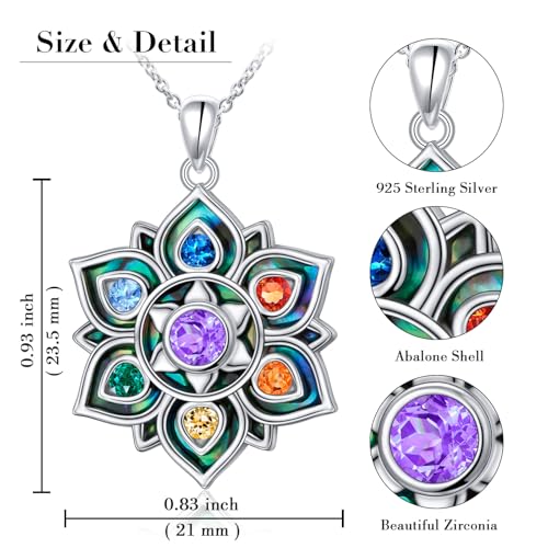 FLYOW 7 Chakra Necklace 925 Sterling Silver Lotus Flower Rainbow Stones Yoga Energy Balance Pendant Spiritual Healing Jewelry Birthday Gifts for Anxiety Stress Relief Balancing Meditation