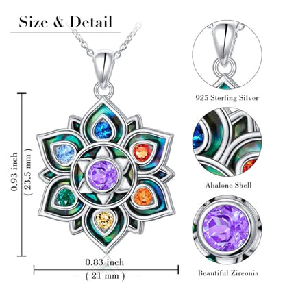 FLYOW 7 Chakra Necklace 925 Sterling Silver Lotus Flower Rainbow Stones Yoga Energy Balance Pendant Spiritual Healing Jewelry Birthday Gifts for Anxiety Stress Relief Balancing Meditation