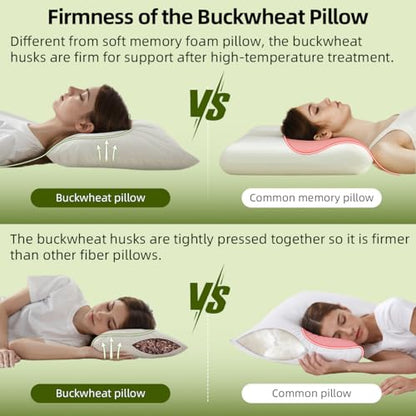 USlixury Organic Buckwheat Pillow for Sleeping with Extra Organic Pillowcase and Hulls, 20"X26" Buckwheat Hull Pillow, Adjustable Height and Firmness, Firm Neck Support for Side Sleepers, Cool, White - size: 20"X26"