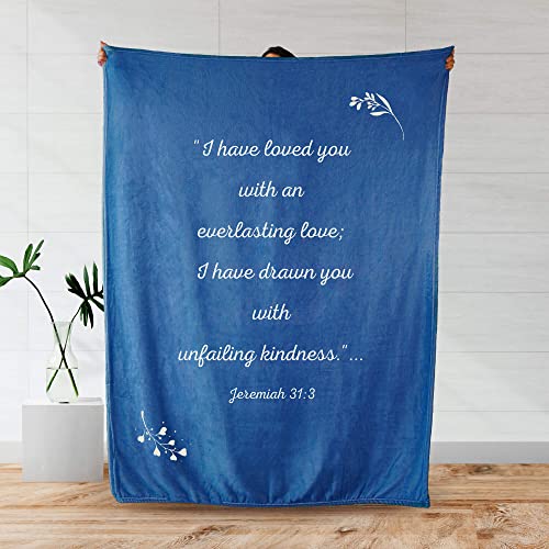 Scripture Blanket Soft Prayer Blanket with God's Love Verse from Jeremiah 31:3 - Blue 50"x65" Inspirational Bedspread - Lightweight Flannel Fleece Bible Verse - color: Blue, size: Jeremiah 31:3