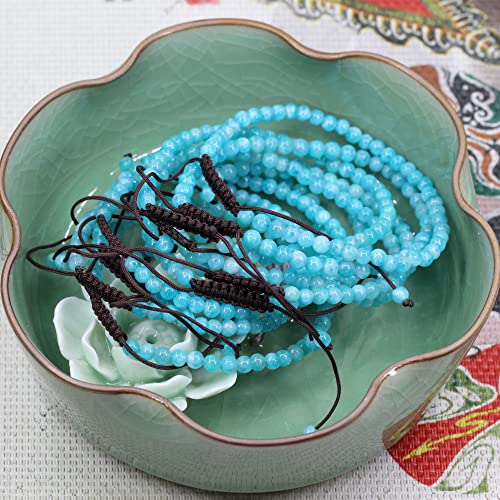Keleny Natural Gemtones 4mm Round Beads Crystal Adjustable Braided Macrame Tassels Bracelets Unisex - color: Xin Jiang A Grade Blue Amazonite