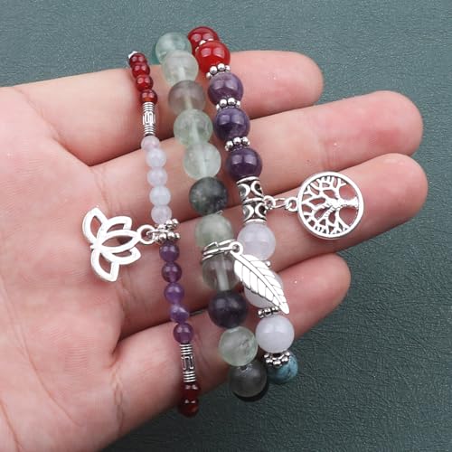 Tree of Life Yoga Healing Stone Bracelets,Multilayer Lotus Chakra Stone Reiki Bracelet Sets,Anxiety Crystal Natural Stone,for Women Stress Relief - style: chakra+green fluorite