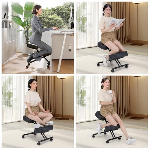 Goplus Kneeling Chair, Upholstered Mobile Desk Chair w/Adjustable Height, Thickened Sponge Cushion, 4 Lockable Universal Wheels, Office Home Padded Stool with Angled Seat, Black (1)