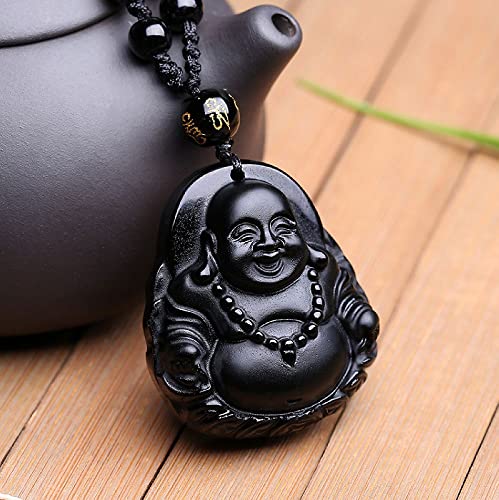 Natural black obsidian rainbow obisidan ice obsidian Maitreya launghing buddha necklace Amulet pendant bead chain - color: black obsidian money buddha