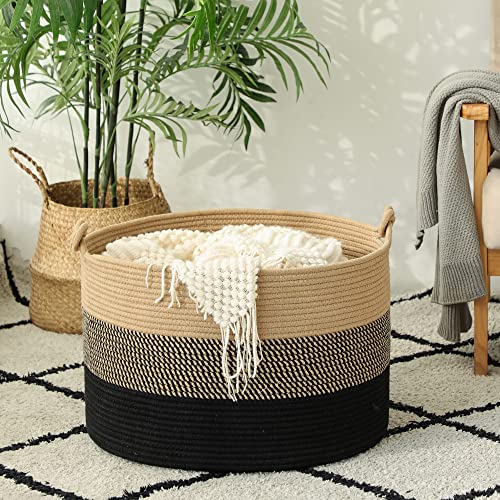KAKAMAY Large Blanket Basket (20"x13"),Woven Rope Baskets for storage Baby Laundry Hamper, Cotton Rope Blanket Basket for Living Room, Laundry, Nursery, Pillows,Baby Toy chest (Jute/Black) - color: Black