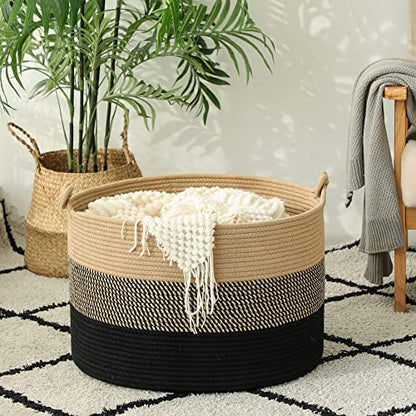 KAKAMAY Large Blanket Basket (20"x13"),Woven Rope Baskets for storage Baby Laundry Hamper, Cotton Rope Blanket Basket for Living Room, Laundry, Nursery, Pillows,Baby Toy chest (Jute/Black) - color: Black