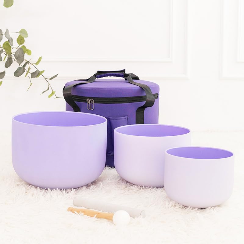 Hye-eun Purple Crystal Singing Bowls Set of 3, 432hz 8"B 10"F 12"C Frosted Quartz Chakra Sound Bowl with Beige Carrying Case for Sound Healing Yoga Meditation