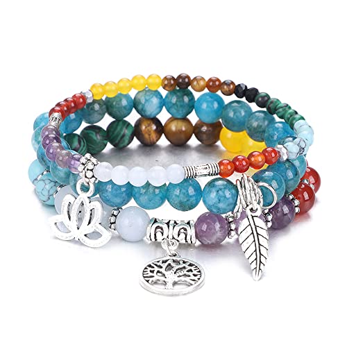 Tree of Life Yoga Healing Stone Bracelets,Multilayer Lotus Chakra Stone Reiki Bracelet Sets,Anxiety Crystal Natural Stone,for Women Stress Relief - style: Chakra+apatite