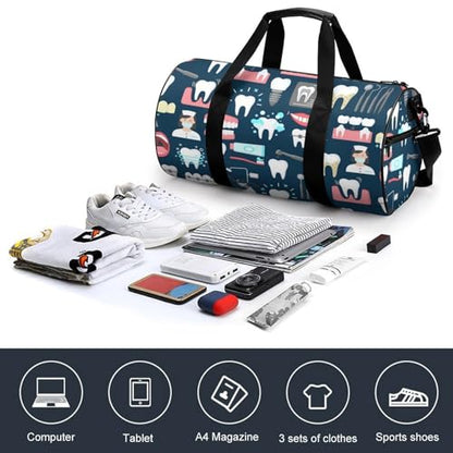 Teeth Dental Seamless Pattern Cylindrical Portable Fitness Bag, Large Capacity Handbag - color: Teeth Dental Seamless Pattern