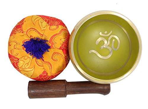 DharmaObjects Tibetan Relaxing Om Singing Bowl/Cushion/Mallet (Yellow) - color: Yellow, size: Small