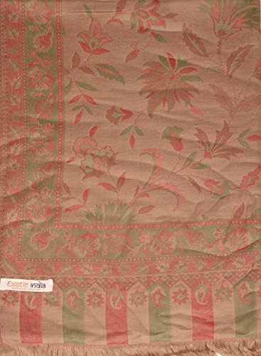 Exotic India Women Reversible Jamawar Wool Shawl with Woven Flowers | Ethnic Beautiful Floral Weave Stole, Dupatta - color: Rugby Tan