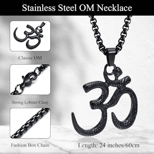 Stainless Steel Om Necklace for Men Women, gold plated/Silver/Black Yoga Charm Pendant Necklaces Aum Om Ohm Sanskrit Symbol Hindu Meditation Chain Necklace,Mens Womens Jewelry Gifts - color: Black