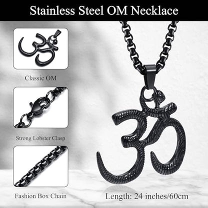 Stainless Steel Om Necklace for Men Women, gold plated/Silver/Black Yoga Charm Pendant Necklaces Aum Om Ohm Sanskrit Symbol Hindu Meditation Chain Necklace,Mens Womens Jewelry Gifts - color: Black