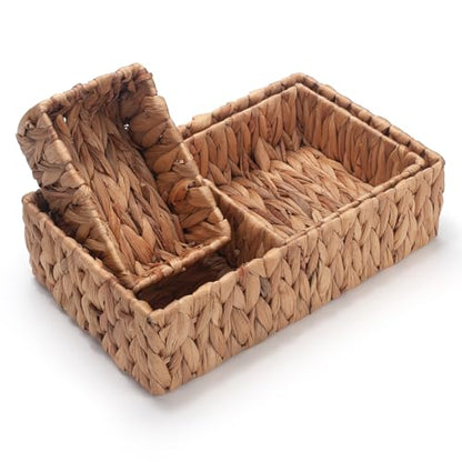 Water Hyacinth Rectangular Storage Basket for Organizing Natural Wicker Baskets for Shelves Pantry Bathroom Set of 3