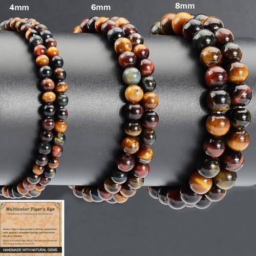 MASSIVE BEADS Handmade Yoga Stretch Elastic Bracelet Natural Stone Crystal Healing Power Energy Gifts for Unisex Adult 4mm 6mm 8mm 10mm - color: 3-Tiger's Eye (Vitality and Abundance), size: 4mm