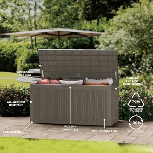 320 Gallon Outdoor Storage Box, Waterproof Resin Deck Box with Lockable Lid Large Storage Bin for Patio Furniture Cushion, Garden Tools, Pool Accessories UV-Resistant Outside Delivery, Grey