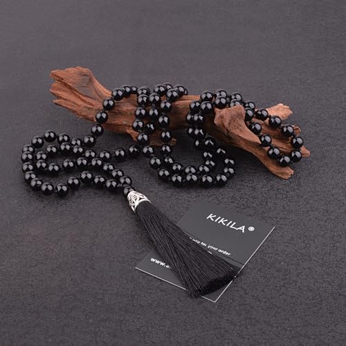 KIKILA Mala Beads 108 Natural Stone GemStones Japamala Yoga Meditation Hand Knotted Beaded Tassel Necklace for Women Men - style: Black Agate