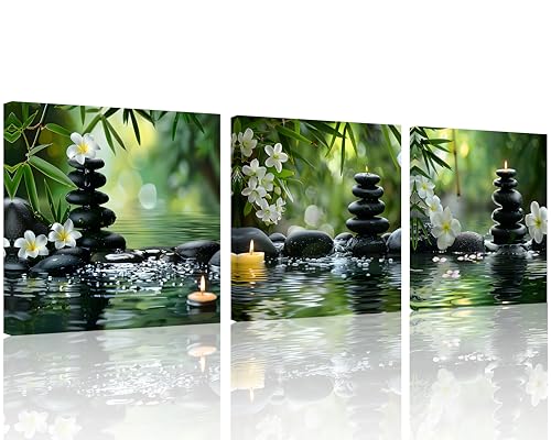 TutuBeer 3 Pcs Zen Art Wall Art Zen Spa Canvas Wall Art Spa Stone Green Bamboo White Frangipani Flower Pictures Prints on Canvas for Home Office Kitchen Wall Decor Stretched and Framed 12x12inchx3 - color: Green Zen 3, size: 12x12inchx3