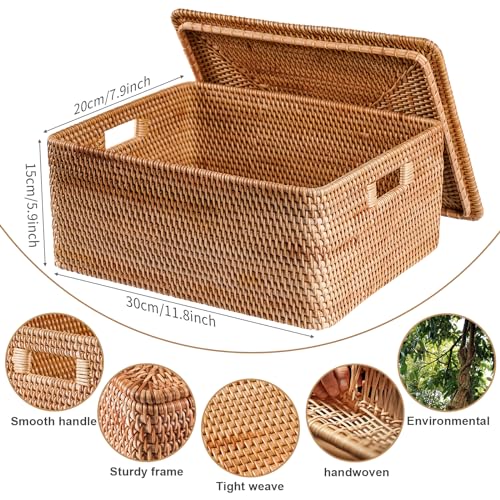 Rattan Basket With Lid, Large Lidded Basket For Storage(11.81" L×7.87"W×5.91"H) - size: 11.81" ×7.87"×5.91"