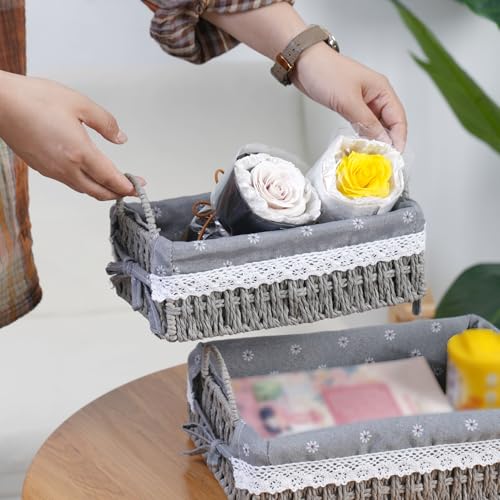 Paper Rope Basket for Organizer on Shelves,Set of 2 Handmade Grey Woven Rectangle Storage Basket Set with Handles and Removable Liners,Ideal for Cosmetics, Toys, Snacks