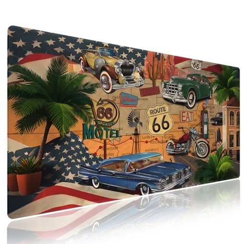 Extra Large Gaming Mouse Pad (31.5" x 11.8") – Celebration of Historic Route 66 & Retro Cars Motorcycle on a Map Road Trip Vintage Americana, XXL Desk Mat with Durable Stitched Edges - color: Design WKLXD036