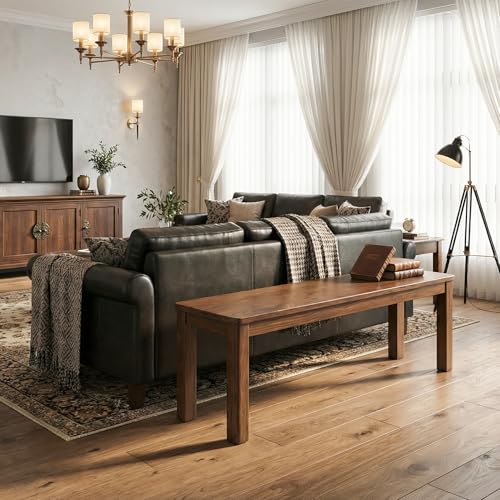 100% Solid Oak Wood Dining Bench, 47.3'' Entryway Bench Extra Chair Seat Long Ottoman with Squre End & Round Corner for Kitchen Living Room Bedroom, Walnut - size: 47.3inch-Walnut-Square End & Round Corner