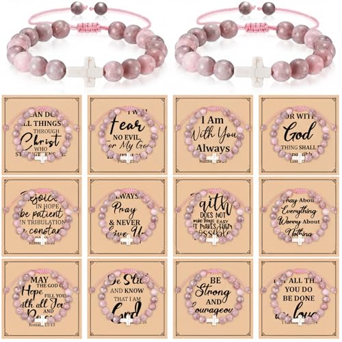 12 Set Christian Cross Bracelets Bulk Religious Cross Beaded Bracelet for Women Men 12 Natural Beaded Stuff Inspirational Cards Envelope Christian Jewelry Faith Gift(Chic Style,Pink) - color: Pink, size: Chic Style