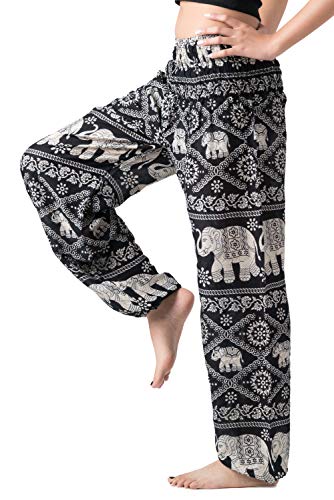 B BANGKOK PANTS Harem Pants Women Yoga Boho Clothes with Pockets - color: Black Elephant, size: 16-20 Plus Extra Long
