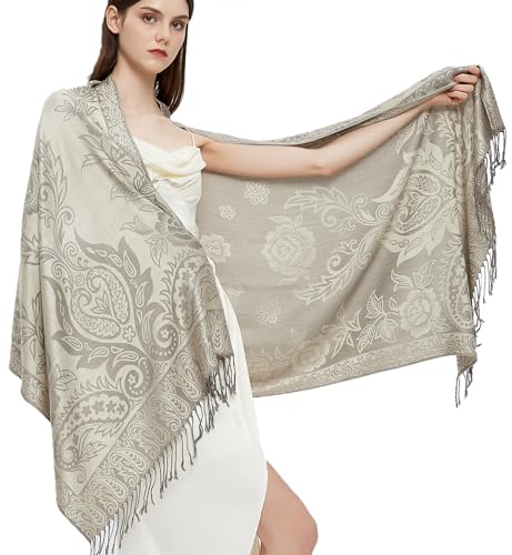 Pashmina Shawl Wrap with Ethnic Paisley Two Tone Jacquard Scarf for Women - color: Paisley-cream