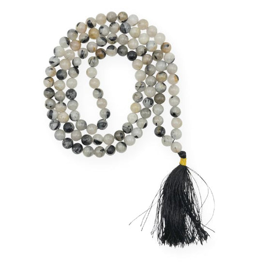 GEMSCITE Japa Mala 108 Prayer Beads Perfect for Meditation Spiritual Mala Necklace & Wrist Mala Bracelet - color: Black Rutilated Quartz, size: Without Knots