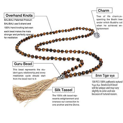 108 Mala Beads Necklace Semi-Precious Gem Stones Meditation Necklace 108 Hand Knotted Japa Mala Beaded Tassel Necklace with Tree of Life Pendant - color: Natural Tiger Eye