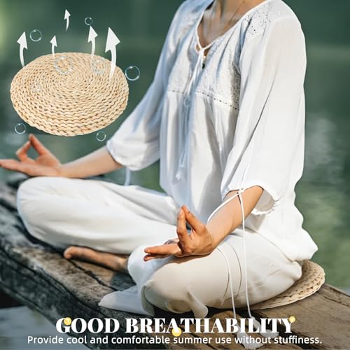 Straw Weave Yoga Seat Mat 30x6cm Space Cotton Filled Hand-Woven Meditation Cushion Lightweight Worship Cushion for Home and Zen Practice