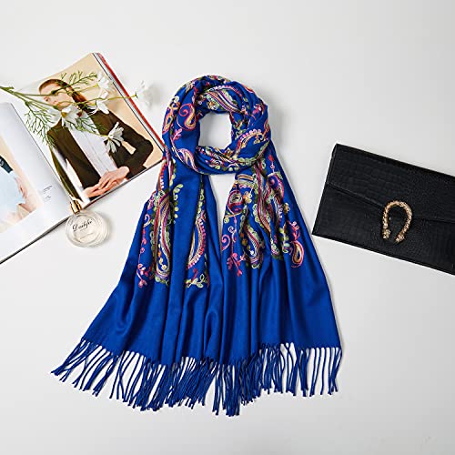 Embroidered Brushed Shawl Paisley Leaves Pattern Scarf Soft Ponchos Wrap Cape With Fringes - color: 07-royal Blue