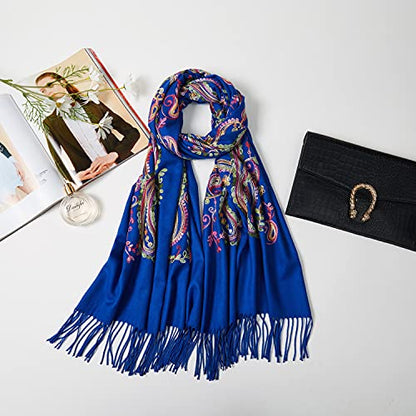 Embroidered Brushed Shawl Paisley Leaves Pattern Scarf Soft Ponchos Wrap Cape With Fringes - color: 07-royal Blue