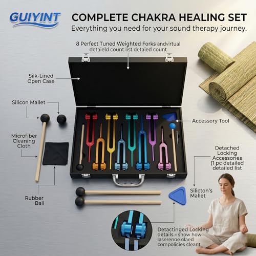Chakra Tuning Forks Set for Healing – 8-Piece Weighted Solfeggio Tuning Forks – Professional Sound Therapy Kit for Reiki, Meditation, Yoga & Energy Balancing