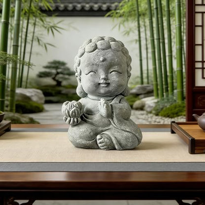 Stone Buddha Monk Statue, Mini Zen Garden Figurine for Desk Tabletop Decor, Small Meditating Sculpture for Landscape Rockery, Aquarium Ornament, Patio Yard Lawn Decorative Gift(Lotus)