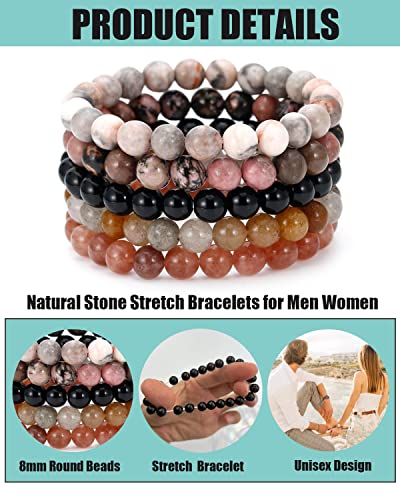 BOMAIL 5PCS Semi-Precious Gemstone Bracelet - Healing Crystal Stone Beaded Bracelets for Women Men 8mm Round Beaded Stretch Bracelets Unisex Yoga Bracelets - color: C