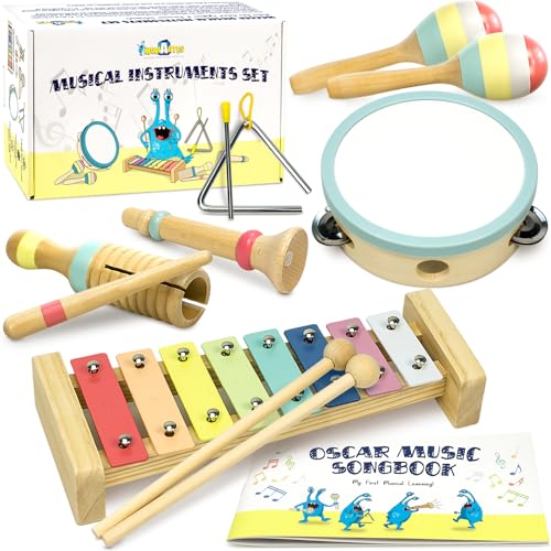 Musical Instruments Set - Montessori Wooden Toys for Toddlers 1-3 | Modern Boho Baby Xylophone with Songbook | Neutral Colors Percussion Instruments | Kids Preschool Educational - style: Xylophone